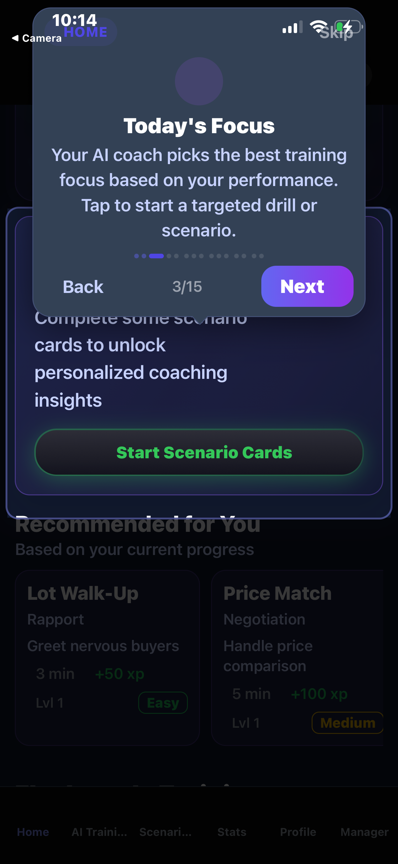Home screen with personalized training recommendations
