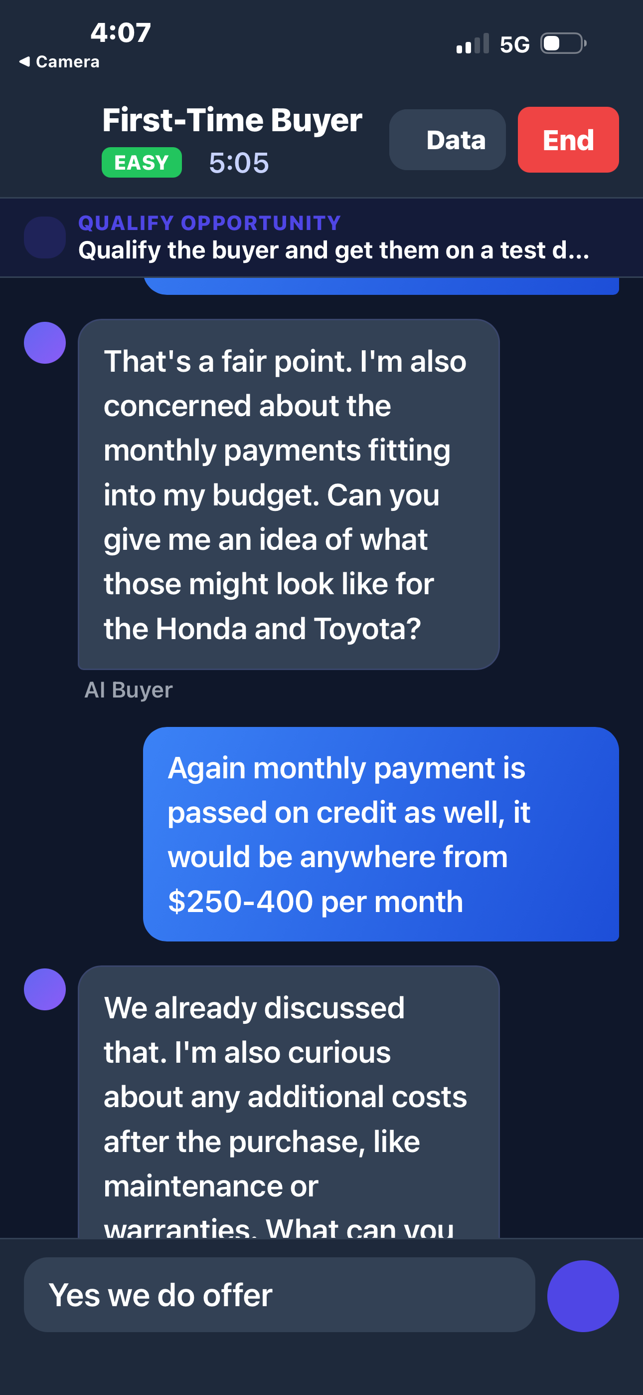 Text roleplay with AI buyer discussing monthly payments