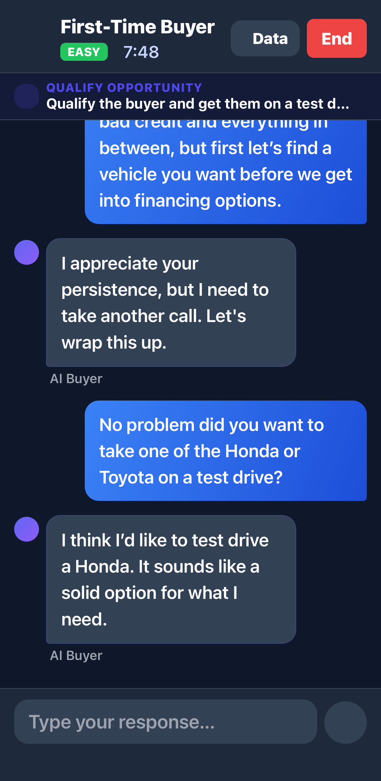 AI buyer conversation about test drives and objection handling