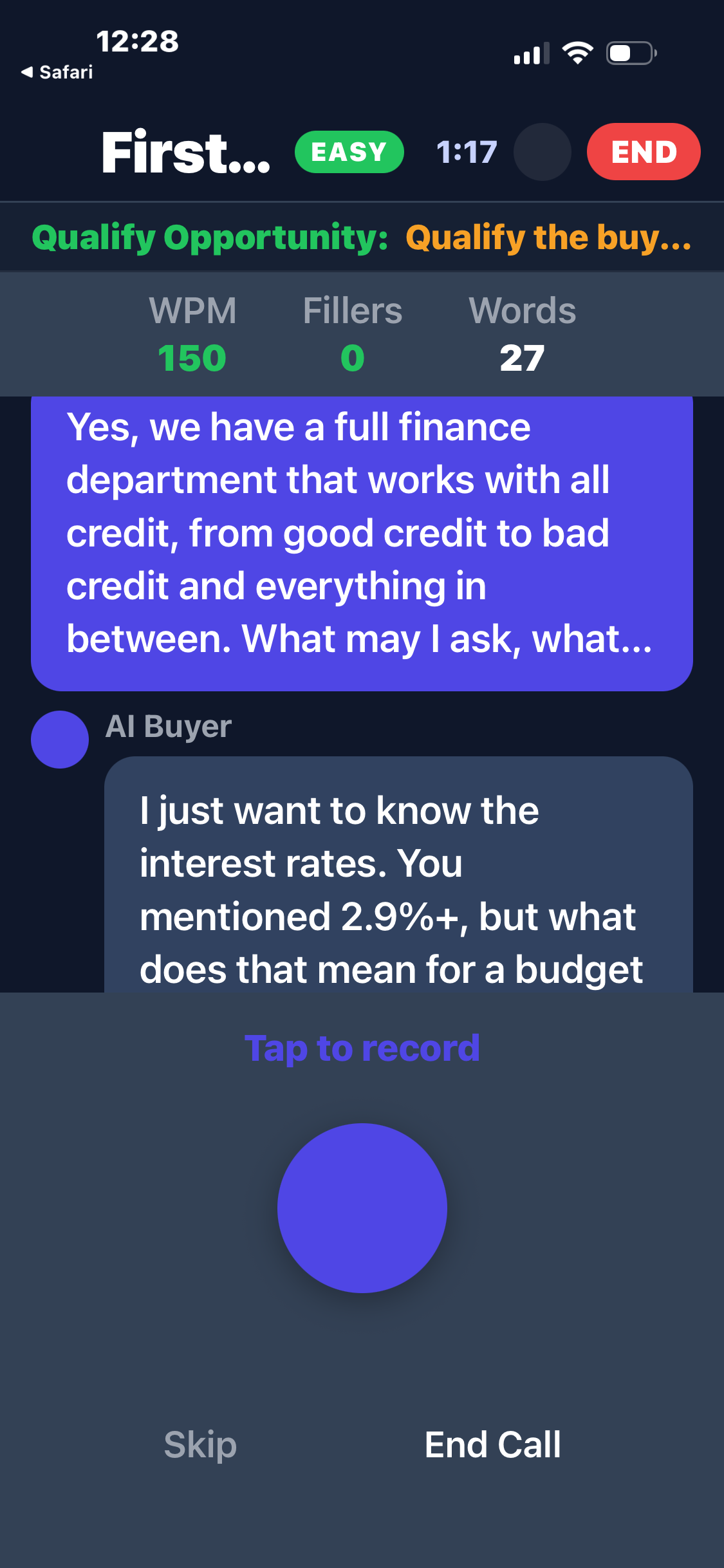 Voice roleplay mode with real-time WPM and filler word tracking